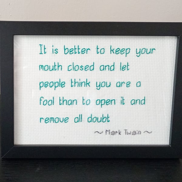 Handmade Framed Cross Stitch – Witty Mark Twain Quote –  7x5
