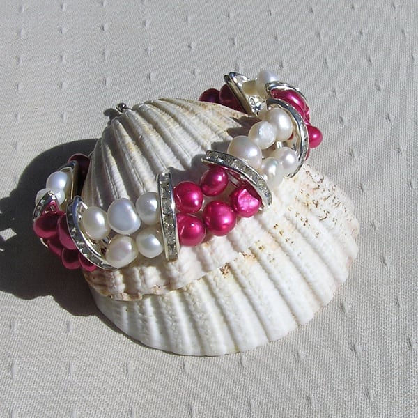 Pink (Cranberry) & White Freshwater Pearl Bracelet "Raspberry Crush"