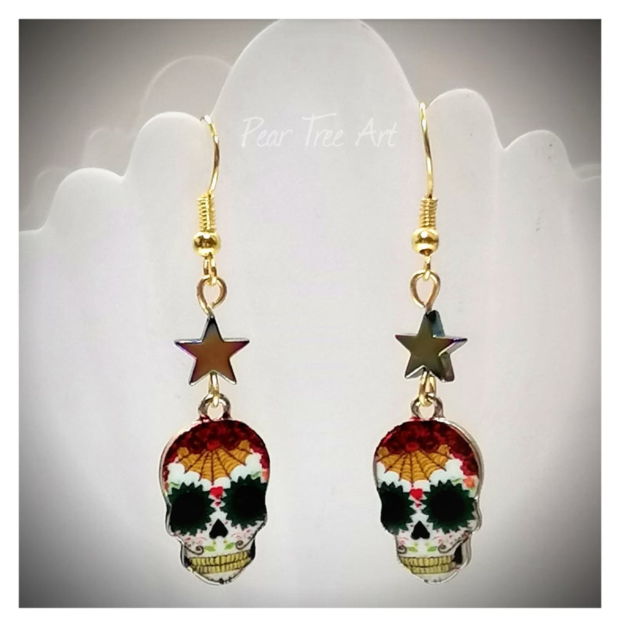  Sugar Skull Earrings Orange and Red with Star Beads