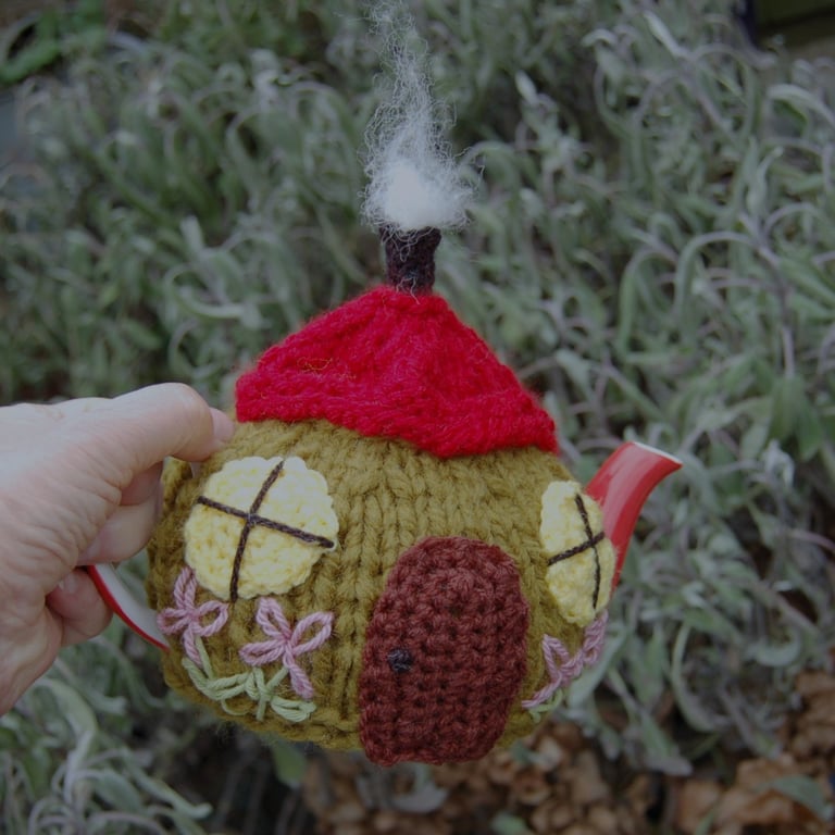 Country cottage tea cosy - hand embroidered, to fit a tea for one  teapot