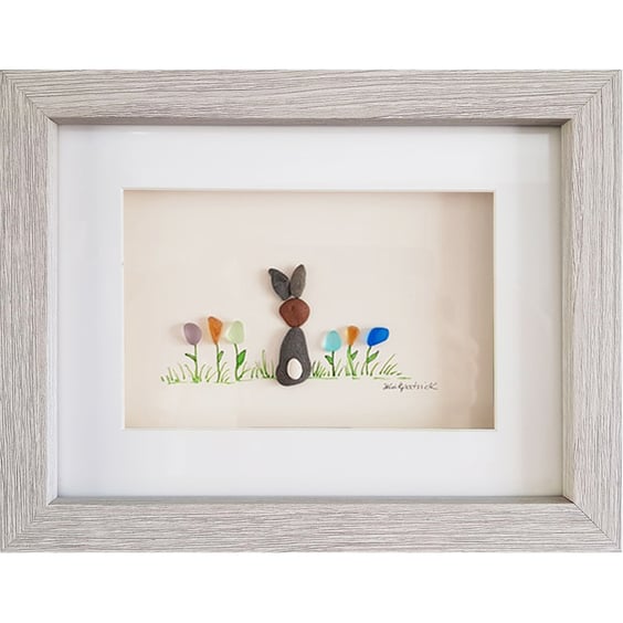 Flower Bunny - Pebble Picture - Framed Unique Handmade Art