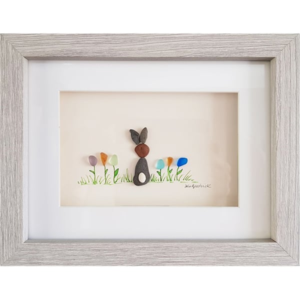 Flower Bunny - Pebble Picture - Framed Unique Handmade Art