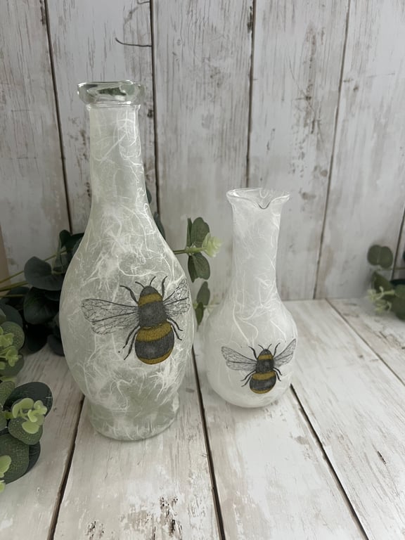 Decoupage Pair of Upcycled Glass Vinegar & Oil Bottles in a Bee Design