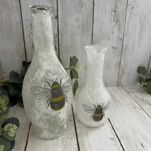 Decoupage Pair of Upcycled Glass Vinegar & Oil Bottles in a Bee Design