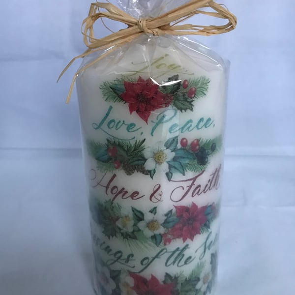 Decorated Candle Festive Greetings Garlands Christmas Love Peace Blessings 