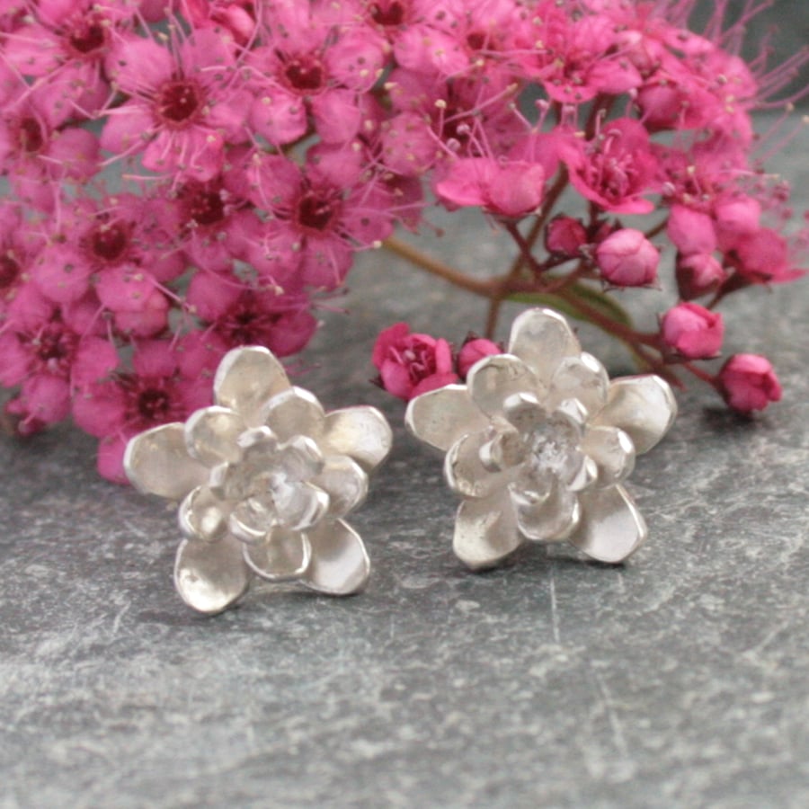 Silver flower earrings, silver stud earrings, botanical eco-friendly jewellery