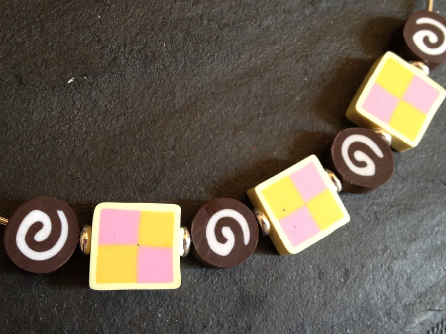 Battenberg and Chocolate Swiss Roll Kitsch Polymer Clay Choker