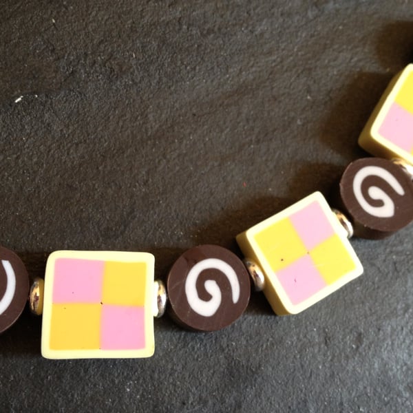 Battenberg and Chocolate Swiss Roll Kitsch Polymer Clay Choker