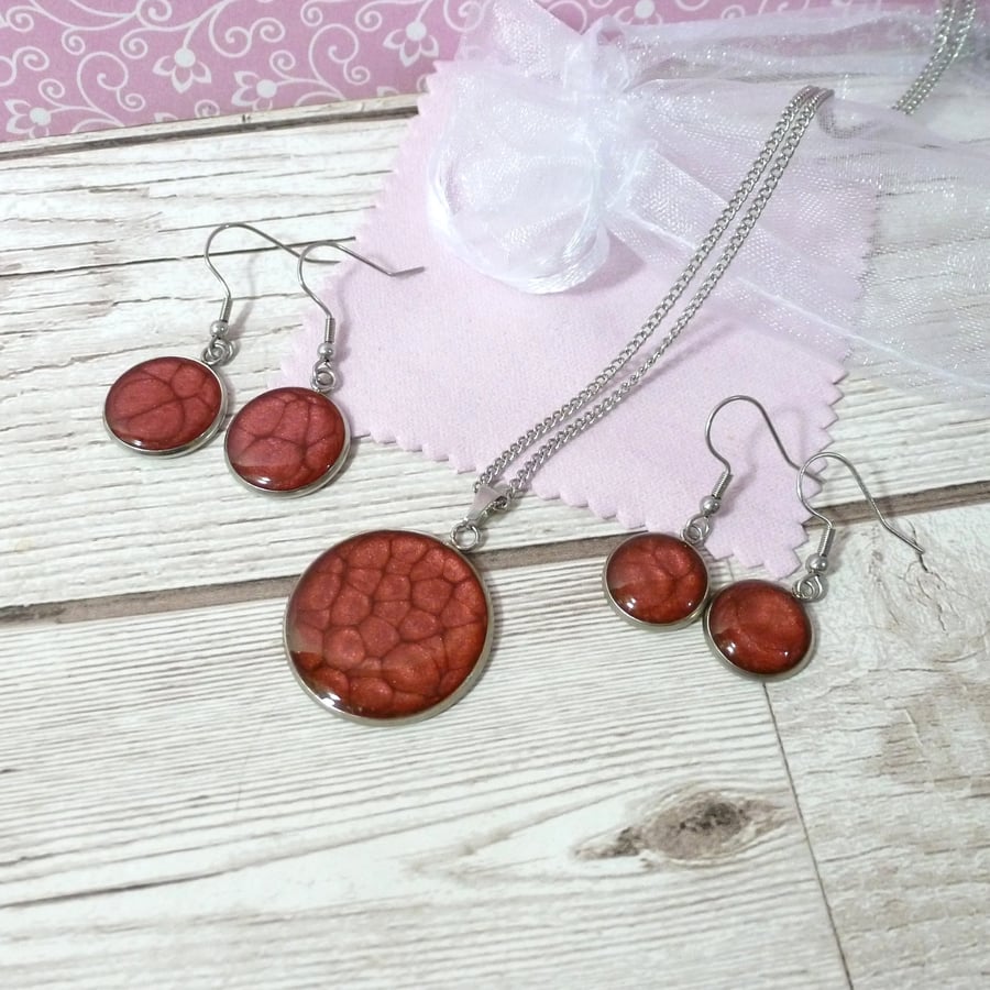 Deep Red pendant and earrings set, steel and enamel jewellery set for woman