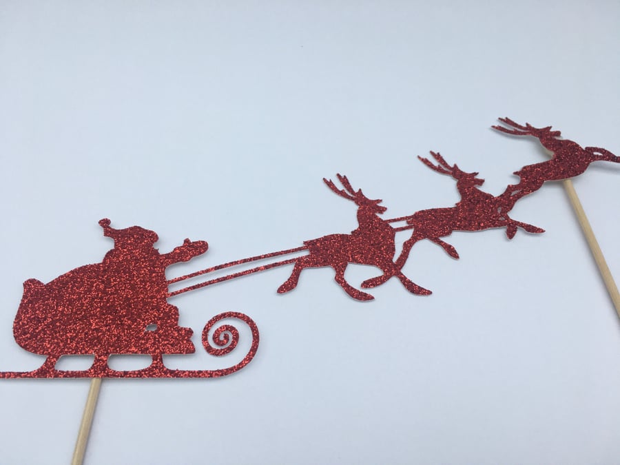 Santa Sleigh and Reindeer Large Christmas Cake Topper Red Glitter