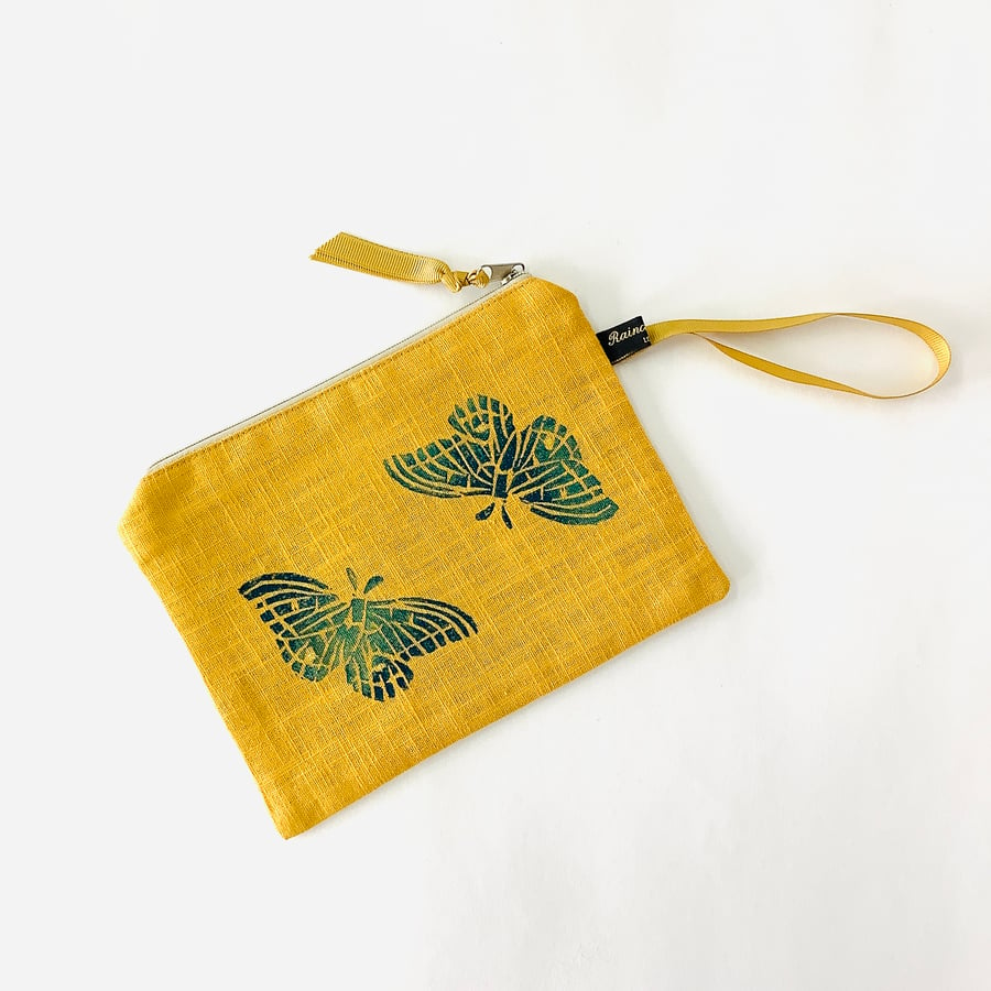 Ochre Yellow Butterfly linen zip-up pouch; Makeup Bag; Hand printed Purse 