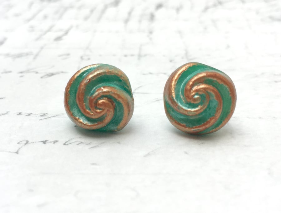 Aqua and copper bronze colour vintage button swirl stud earrings