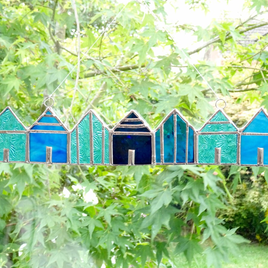 Stained Glass Beach Huts Suncatcher - Handmade Decoration - Turquoise and Teal