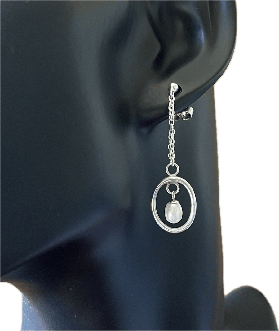 Oval Hoop Pearl Drop Earrings - Handmade, Sterling Silver