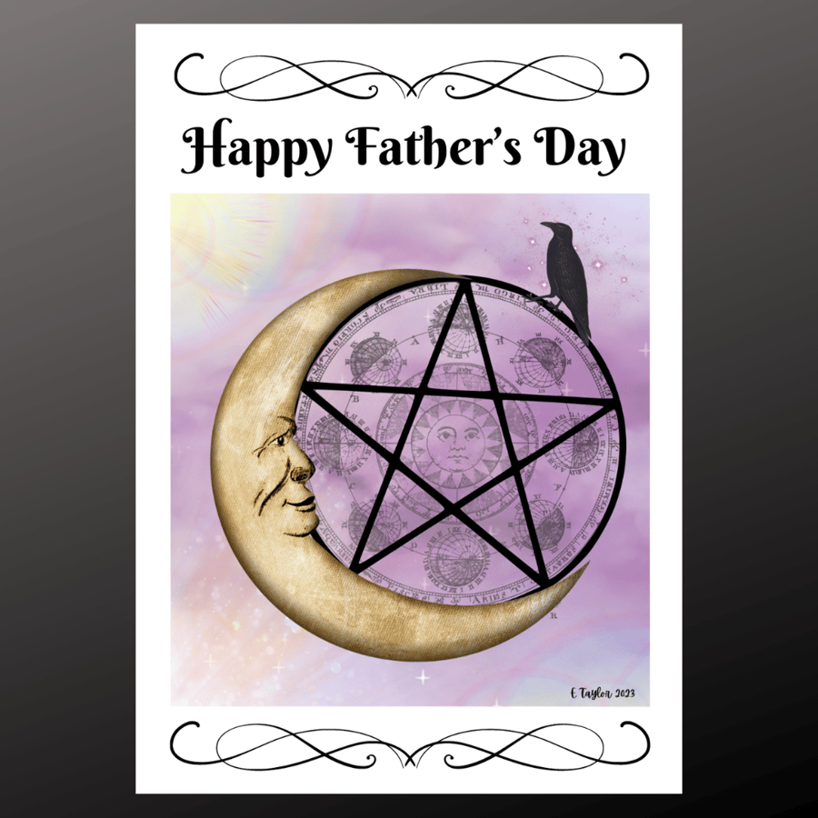 Happy Fathers Day Card Celestial Moon Pentacle Magic Fantasy Art  Warlock
