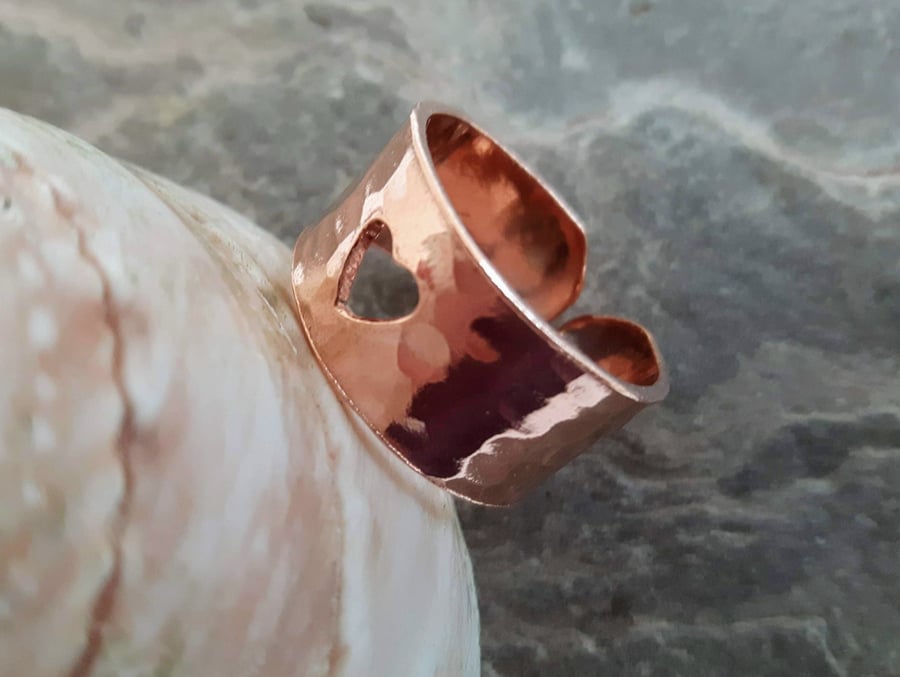 Adjustable Copper Ring with Pierced Heart 
