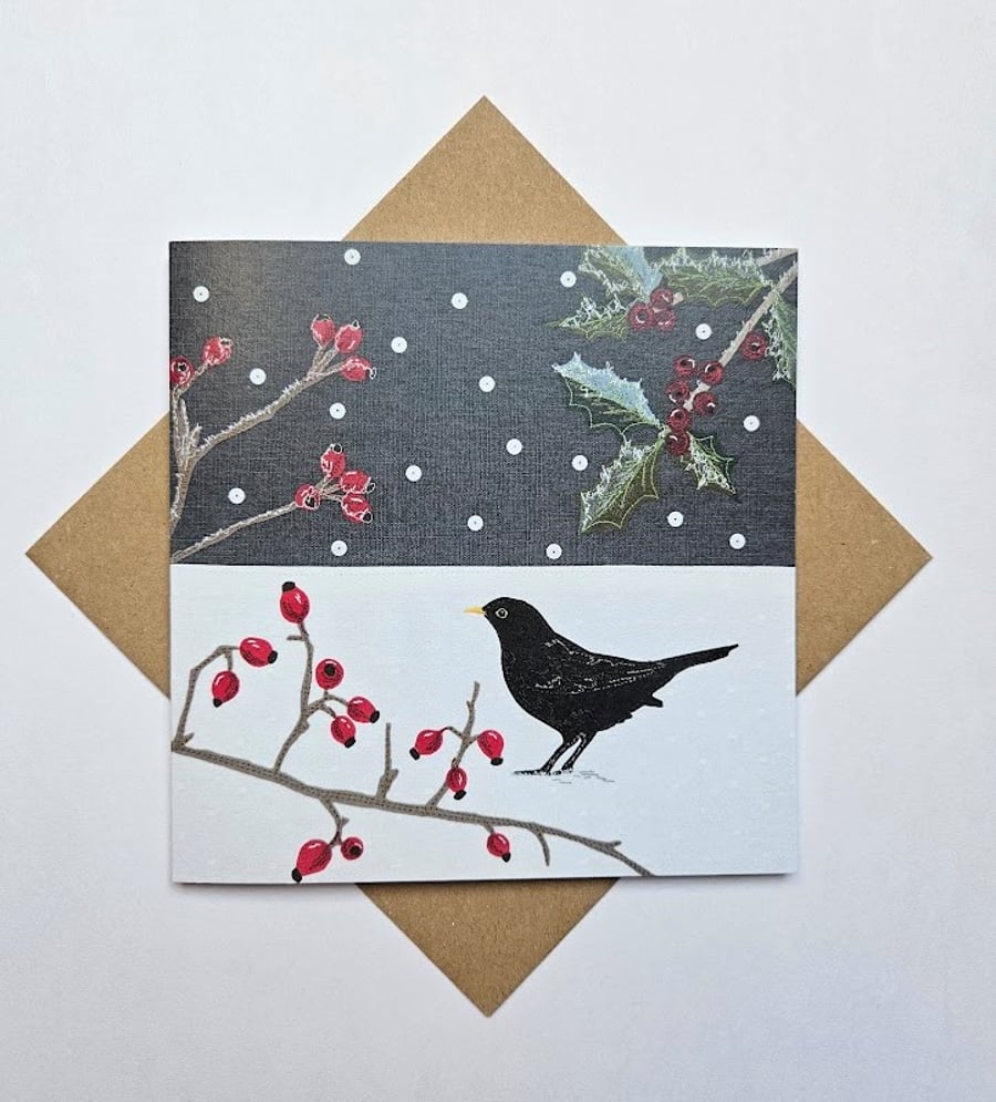 Blackbird in Snowy Scene, Christmas card, Winter birthday, holly, red berries