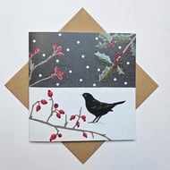 Blackbird in Snowy Scene, Christmas card, Winter birthday, holly, red berries