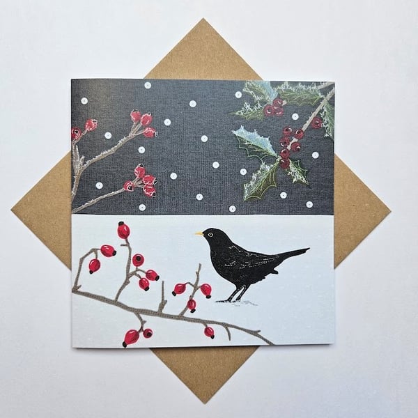 Blackbird in Snowy Scene, Christmas card, Winter birthday, holly, red berries