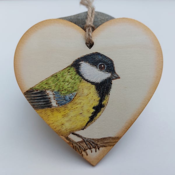 Great Tit pyrography hanging heart ornament 