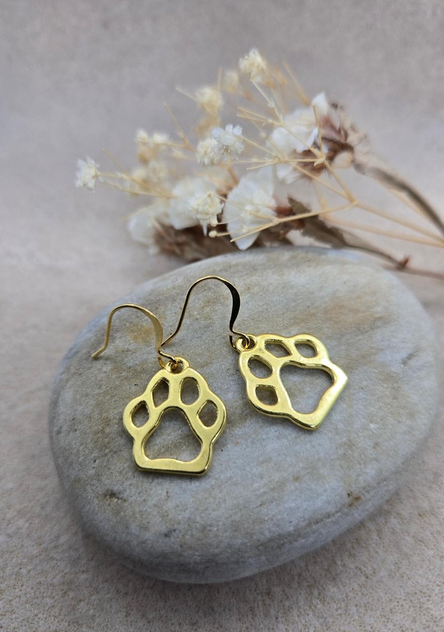 handmade gold plated hypoallergenic earrings with gold plated dog paw prints 