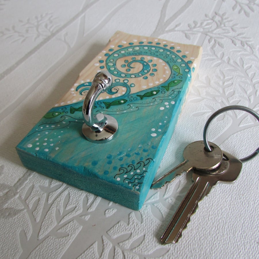 Aqua Key or Jewellery Hook plaque, blue wave and fishes