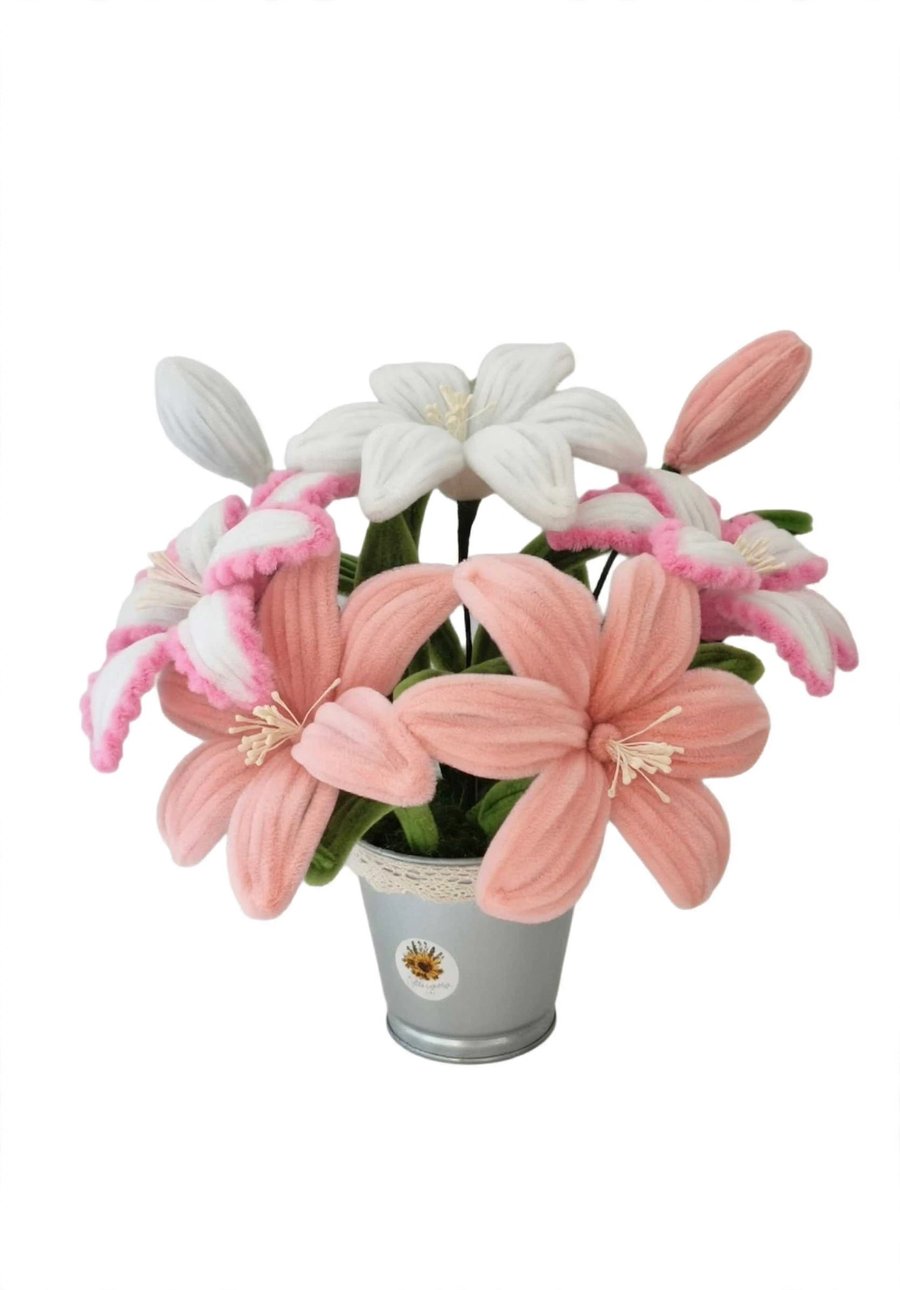 Pink and White Everlasting Lily Pot - Handmade Chenille Flower Bouquet