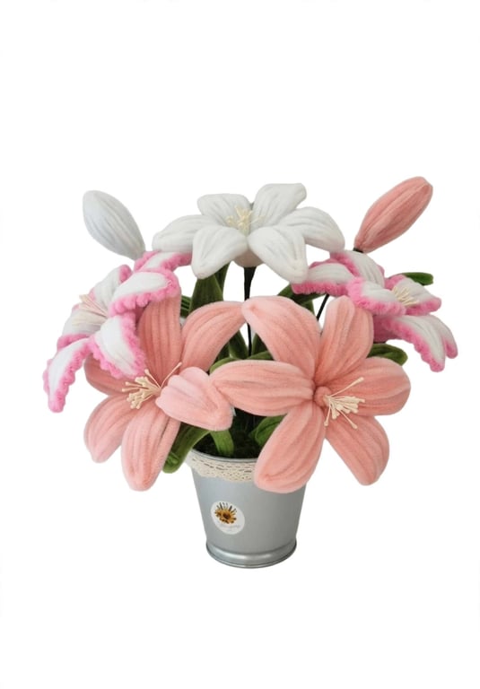Pink and White Everlasting Lily Pot - Handmade Chenille Flower Bouquet