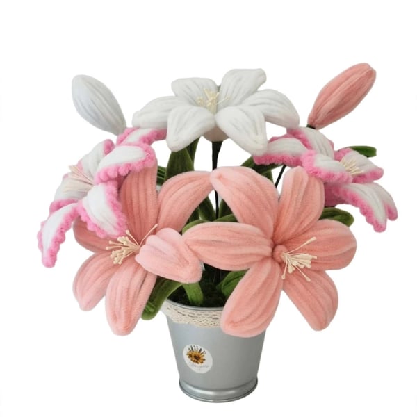 Pink and White Everlasting Lily Pot - Handmade Chenille Flower Bouquet