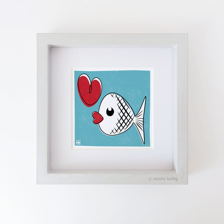 Kissy Fish, retro fish with heart illustration, original Giclee print