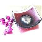 Earring Ring Dish Fused Glass 7cm Fuschia Pink Deep Heart Dichroic