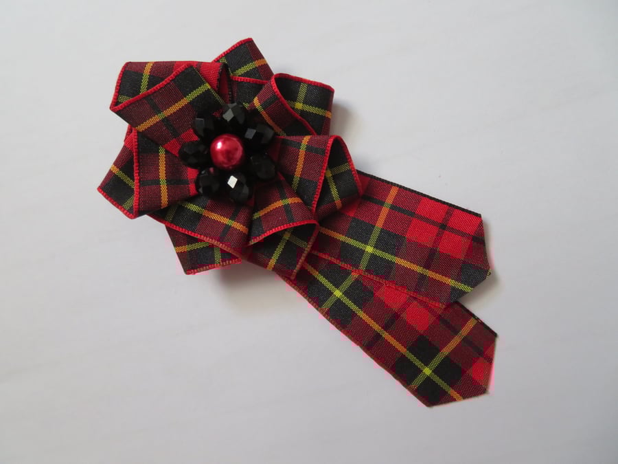Wallace Red Modern and Black Tartan Ruffle Rosette Mini Brooch Pin