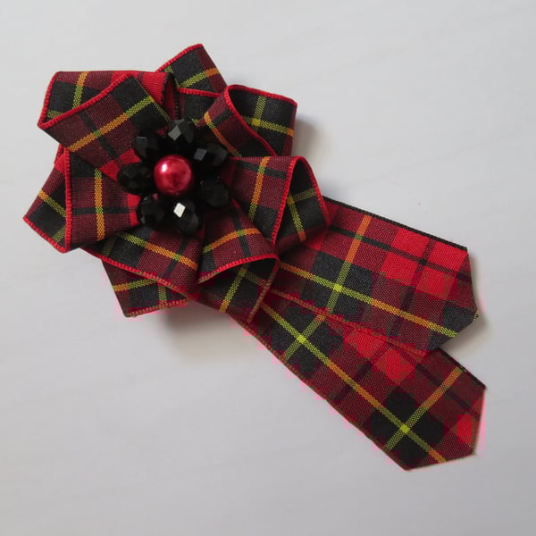 Wallace Red Modern and Black Tartan Ruffle Rosette Mini Brooch Pin