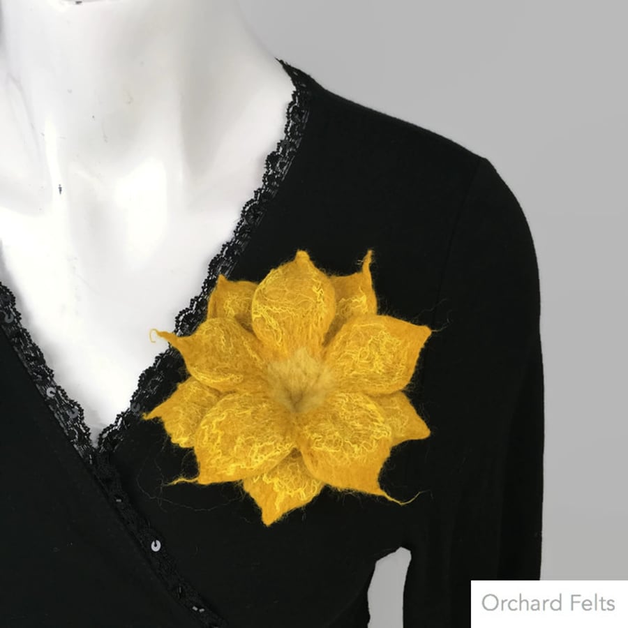 Felt flower brooch, merino wool, flower corsage or lapel pin in yellow