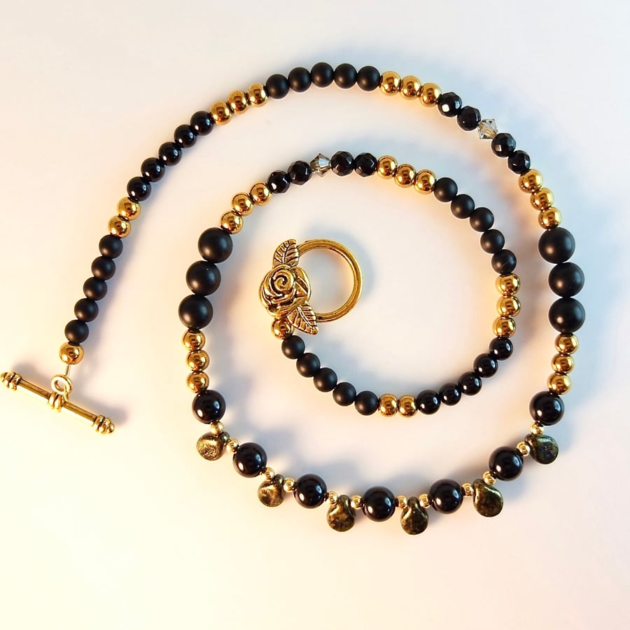 Black Onyx, Golden Hematite, Czech Glass Pips And Gold Vermeil Necklace.