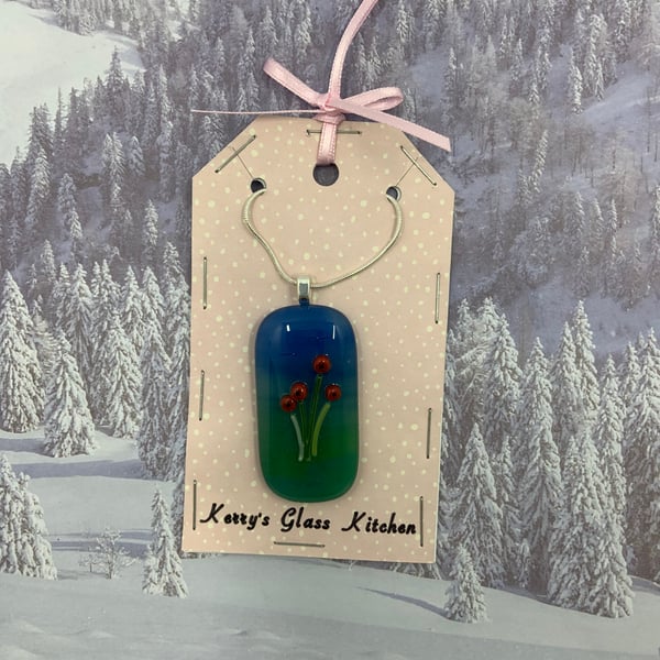 Hand painted Poppy Fused Glass pendant.
