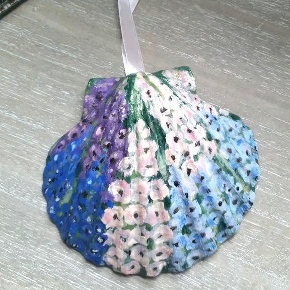 'Delphiniums' handpainted King Scallop Shell Wall Art.  
