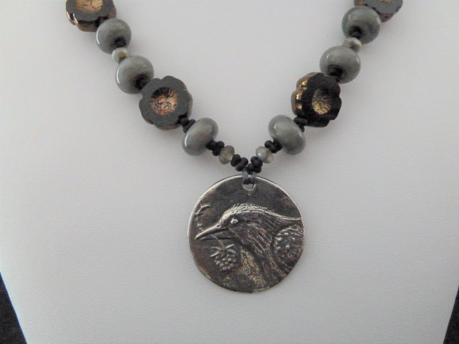 blackbird pewter necklace, grey and black lampwork