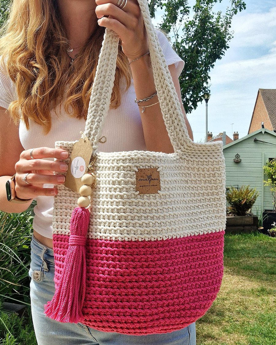 Cotton Crochet Shoulder Bag In Bold Pink & Natural Off White
