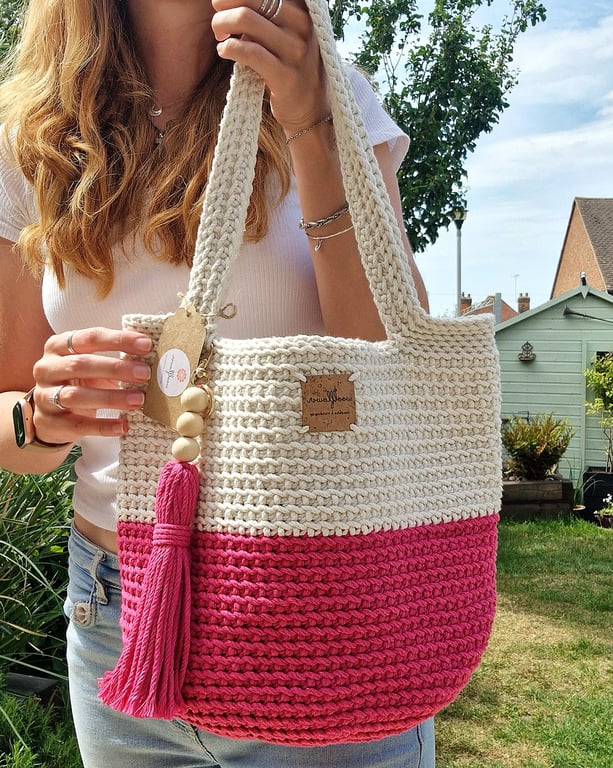 Cotton Crochet Shoulder Bag In Bold Pink & Natural Off White