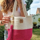 Cotton Crochet Shoulder Bag In Bold Pink & Natural Off White