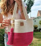 Cotton Crochet Shoulder Bag In Bold Pink & Natural Off White