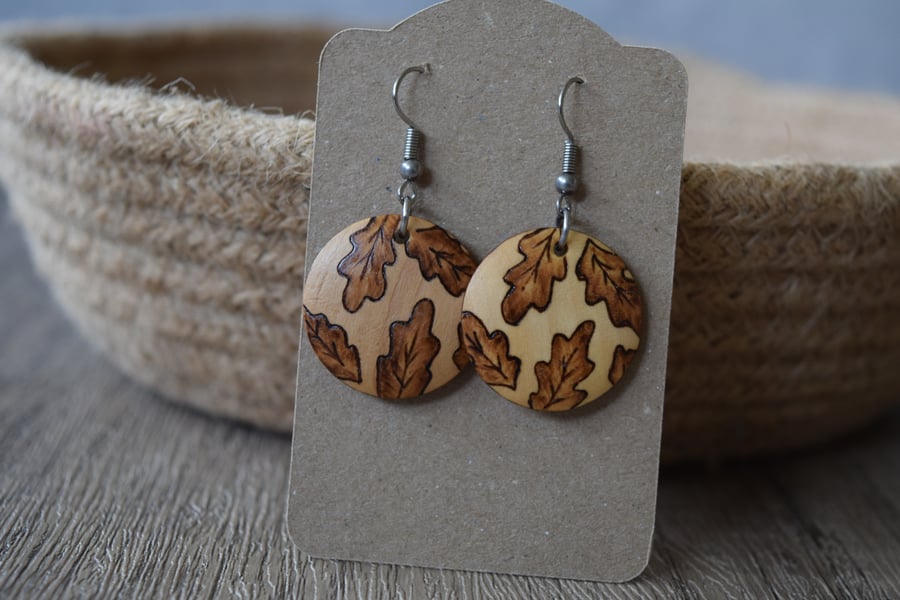 Wooden Pyrography Earrings - Oak Leaves 