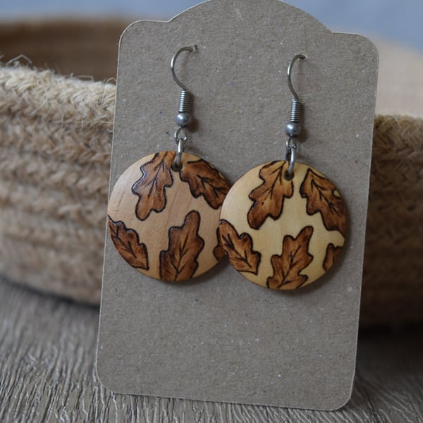 Wooden Pyrography Earrings - Oak Leaves 