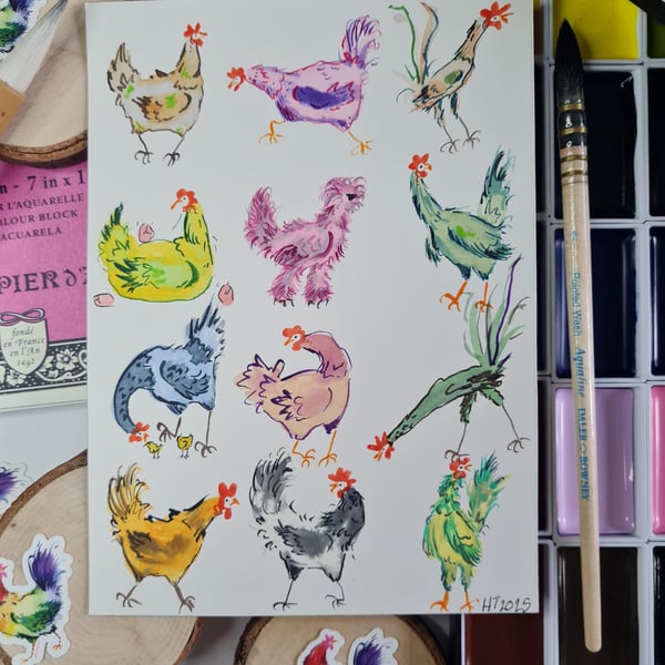 Original hand painted mini watercolour funny chicken art no.12