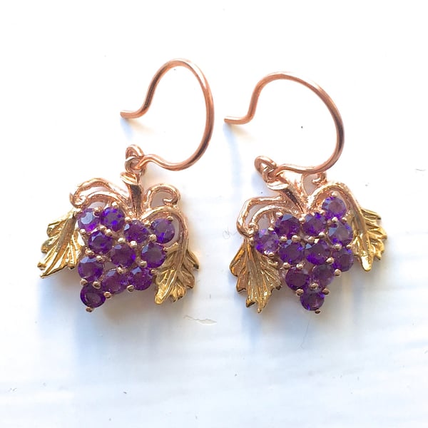 Baroque style Amethyst Grapes and Vine Leaves design Dropper Earrings