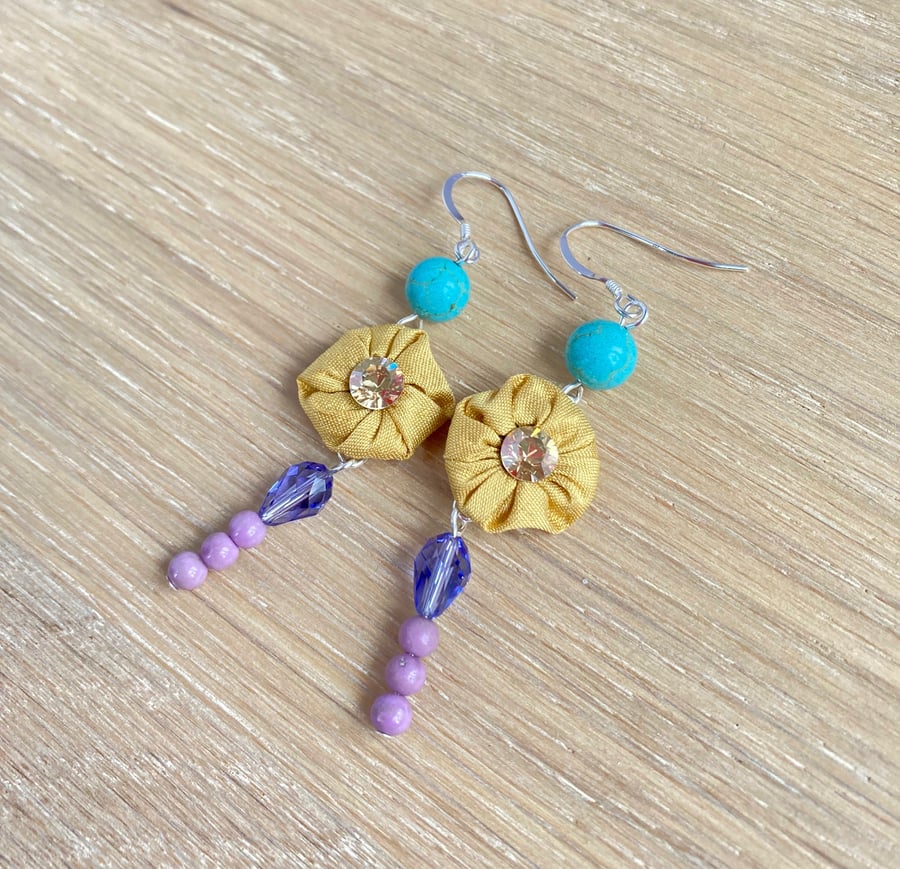 Super Sparkly Silk, Turquoise, Crystal and Glass Earrings