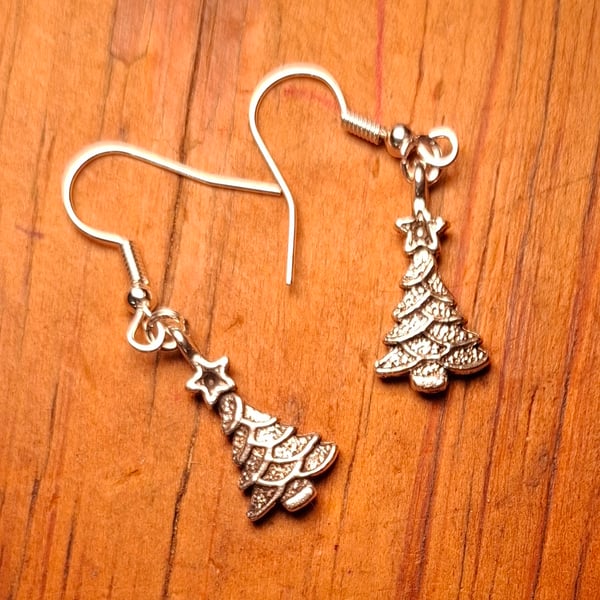 Silver Christmas Tree Dangle Earrings