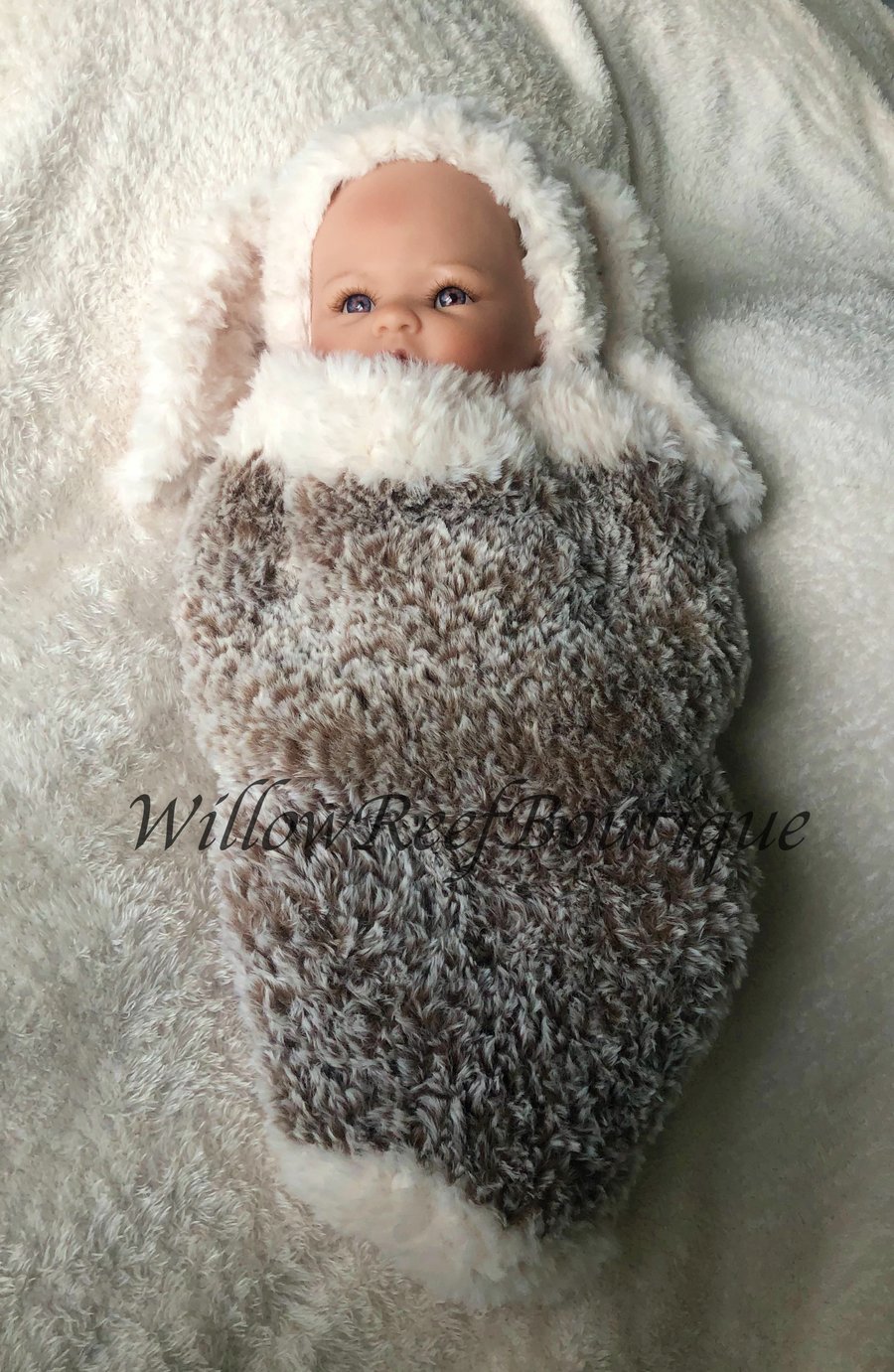 Handmade Knitted Faux Fur Cocoon Papoose Cuddle Sack & Hat for Newborn Baby