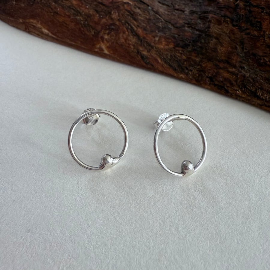 Silver Hoop Earrings with Melted Silver Accent